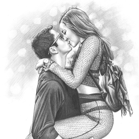 Hand Drawn Pencil Sketch Portrait of A Young Couple Hugging and Kissing,by myDaVinci - myDaVinci